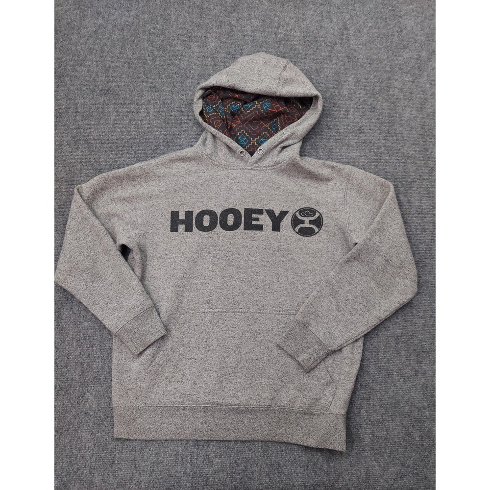 HOOEY Hoodie Sweat Shirt Mens Small Gray Logo Aztec Print Hood Pullover Fleece